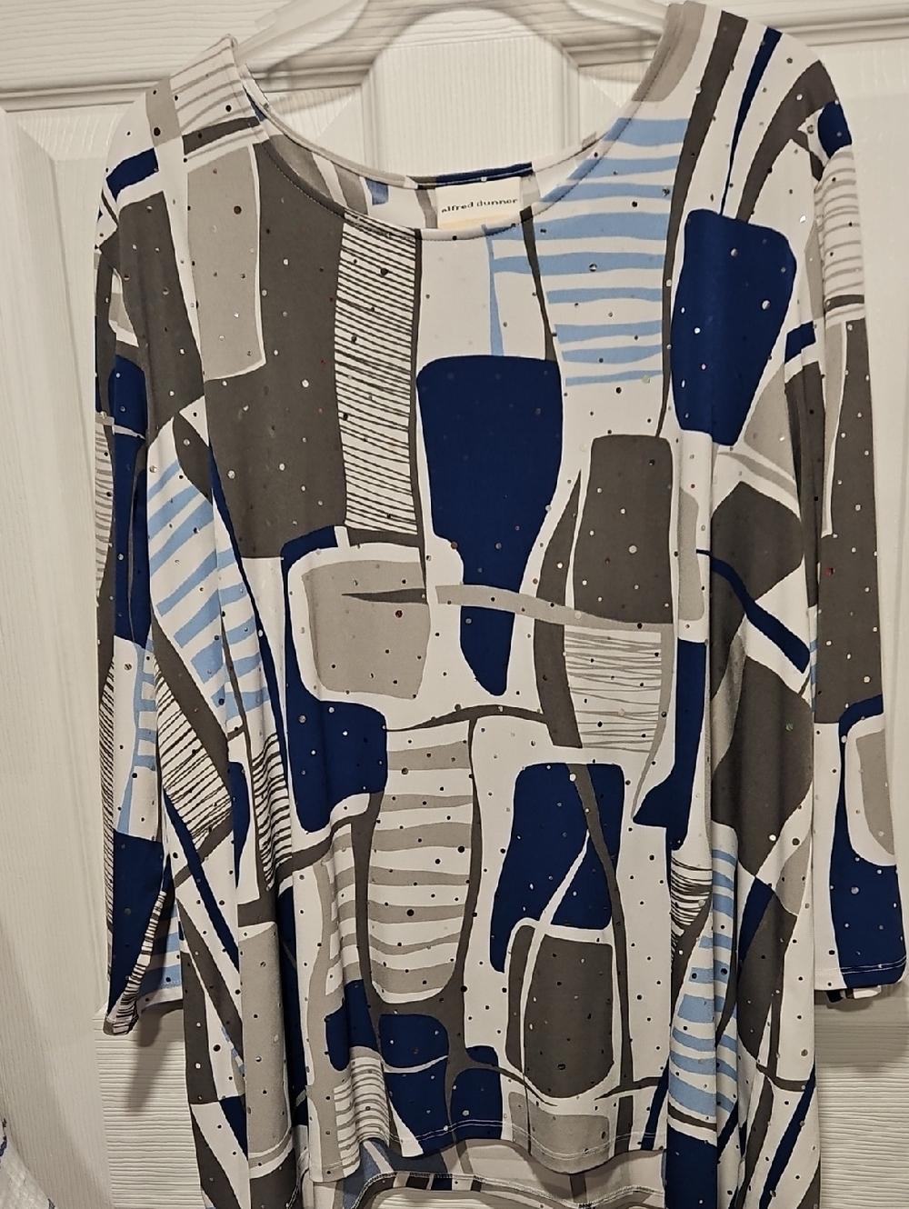 Alfred Dunner Blue, Gray & White Abstract 3/4 Sleeve Top
